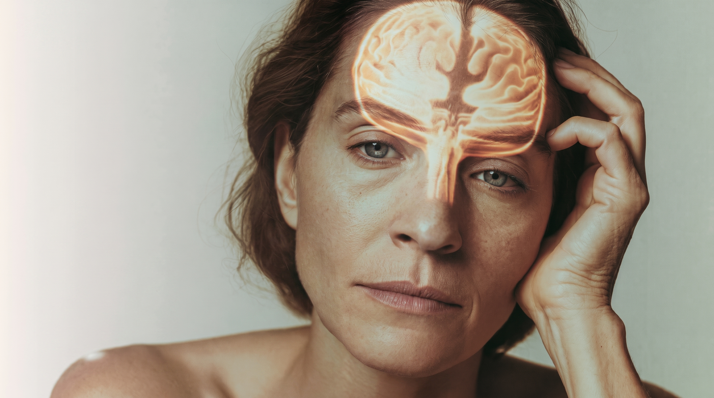 A tired woman over 40 with a dim, depleted dopamine brain shown like an x-ray